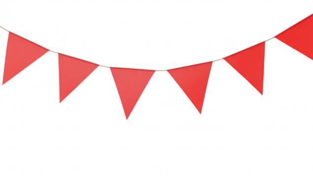 A string of red triangular flags hanging against a clean white background. ideal for festive decorations or celebrations. creating a cheerful atmosphere