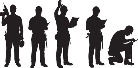 PrintConstruction worker silhouettes, job site poses, hard hat safety, black figure art, tool belt gear, teamwork moment, document reading, inspection scene, kneeling worker, power drill action,