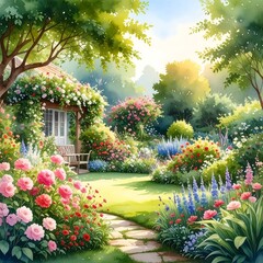 A vibrant garden scene at dawn