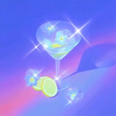 Colorful cocktail with flowers and lemon slices in a sparkly glass against a vibrant background
