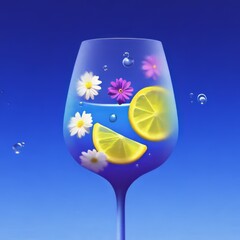 Refreshing summer drink features flowers and lemon slices in a vibrant blue glass