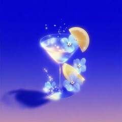 Colorful cocktail with flowers and lemon slices set against a bright blue background during a summer evening