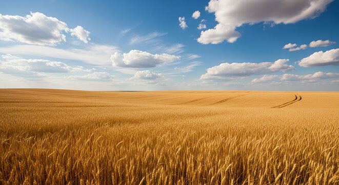 Expansive wheat field under a bright blue sky dotted with fluffy white clouds on a sunny day landscape - Powered by Adobe