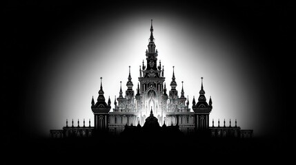 A grand castle stands in silhouette, showcasing its detailed towers and spires as it emerges from a bright backdrop