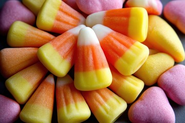 Variety of colorful candy corn and sweet hearts piled together for a festive Halloween celebration full of treats
