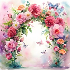 Beautiful watercolor floral frame with roses and butterflies. Spring garden illustration for wedding invitations. Romantic pink flower border with a soft, dreamy background for cards.
