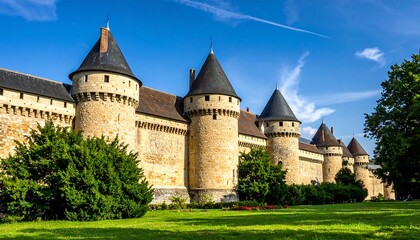 A picturesque fortress, with imposing towers and battlements, basking in sunlight against a vibrant blue sky. Lush greenery frames the ancient structure