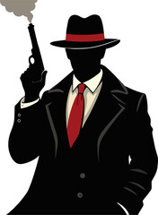 Noir Mafia Gangster Silhouette Vector – Vintage Man in Fedora, Red Tie, Smoking Gun, and Classic Black Sui