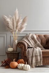 Cozy Autumn Living Room Decor with Neutral Tones and Decorative Pumpkins