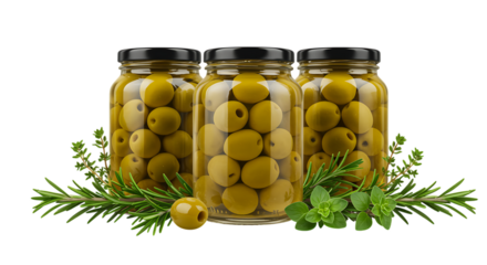 Three glass jars filled with green olives and herbs on transparent background