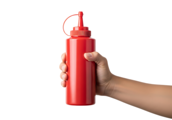 Hand Holding Red Ketchup Bottle on Transparent Background in Kitchen Setting for Food Photography