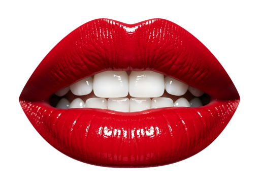 Bold, captivating red lips with a bright, confident smile and dazzling white teeth, a symbol of beauty and expression, perfectly isolated on transparent background