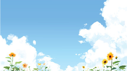 Obraz premium A vibrant field of sunflowers under a bright blue sky with fluffy white clouds