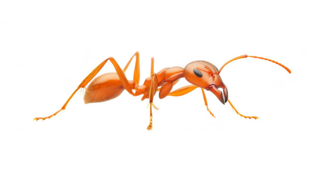 A close-up view of a orange ant crawling on a smooth white surface. its intricate body structure and detailed features. ideal for educational and nature-related projects