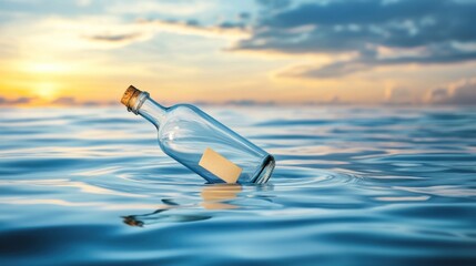 Empty bottle adrift at sunset