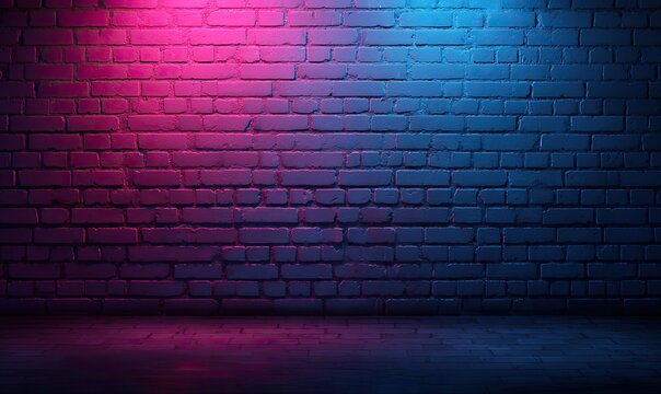 A brick wall illuminated by pink and blue neon lights, creating a vibrant, contrasting backdrop.  The lighting is concentrated at the top, leaving the bottom in shadow