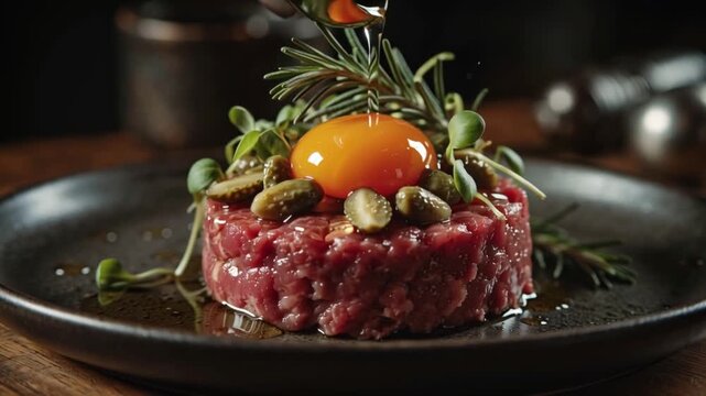 Exquisite preparation of classic steak tartare, a savory gourmet appetizer featuring fresh raw beef and a bright egg yolk