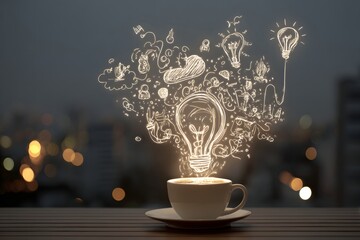 Creative concept of coffee cup with light bulb sketches and ideas in background
