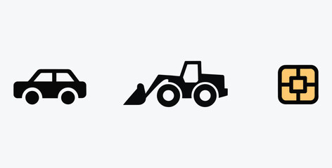 Transportation vehicles and technology flat icons featuring car bulldozer and chip