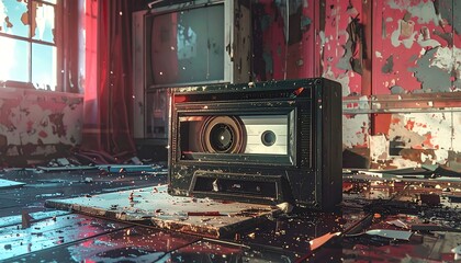 Retro cassette player in a dilapidated room, dust and debris scattered