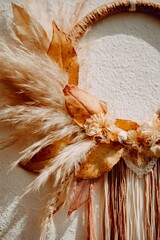 Decorative Wall Hanging with Dried Leaves and Pampas Grass for Boho Aesthetic