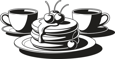 Stack of pancakes with cherries and coffee cups illustration