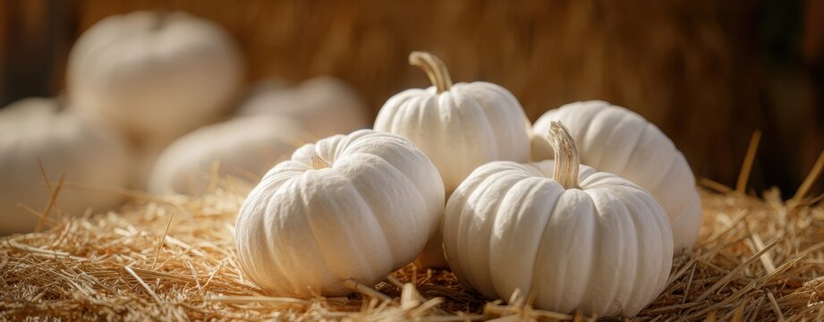 The White Pumpkins Resting on Straw Bales in Warm Autumn Sunlight