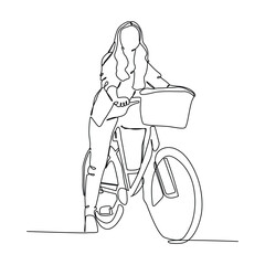 One continuous line art of a girl riding bicycle. A cute woman enjoy riding her cycle in the morning to exercise. 