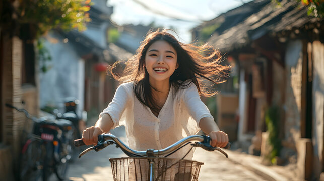 A woman rides a bicycle on a sunny street with her hair blowing in the wind. Outdoor activity close up.