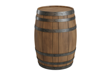 Rustic wooden barrel with metal hoops for storage on transparent background