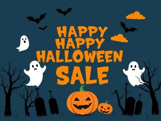 Fototapeta premium Spooky halloween sale banner with ghosts pumpkins bats and gravestones festive celebration