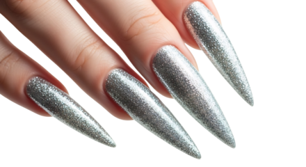A female hand with a glamorous long stiletto manicure showcasing sharp nails painted with sparkling silver glitter polish, all isolated on transparent background