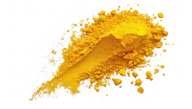 A pile of bright yellow powder. resembling turmeric. scattered artistically on a clean white surface. ideal for culinary or artistic use in various creative projects