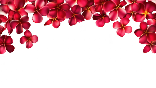 A arrangement of red plumeria flowers gracefully cascading from the top of the image. set against a clean white background. perfect for use in invitations or floral designs