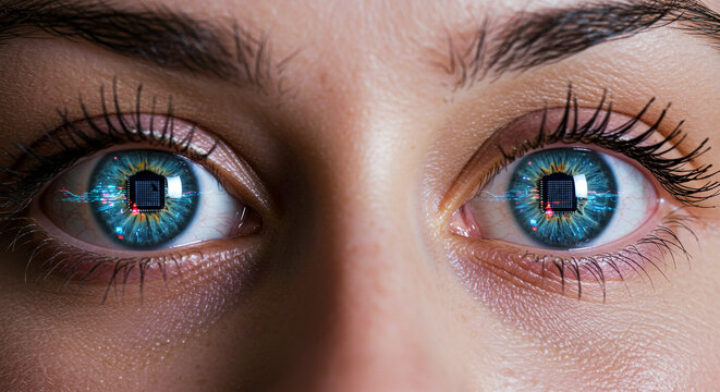 Close up of a person s wide open blue eyes reflecting a futuristic digital cityscape with glowing lights and intricate architecture