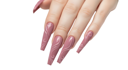 Elegant long nails with a mauve-pink gel polish and swirling white patterns, on transparent background, ideal for beauty, fashion, and nail art projects