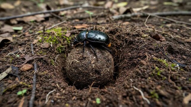 Closeup medium view of a dung beetle burying organic matter in soil demonstrating effective natural decomposition processes.