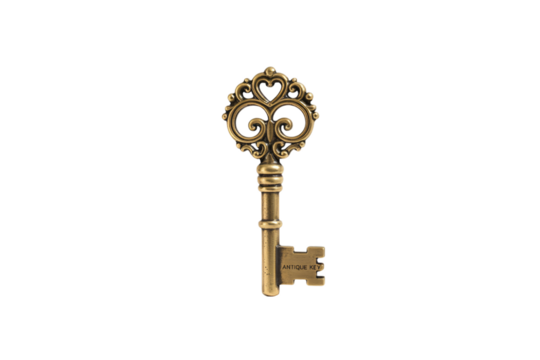 Ornate antique key with heart shaped details against a on transparent background - Powered by Adobe