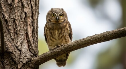 Obraz premium Adorable Spotted Owlet Perched on a Tree Branch, Observing with Intense Gaze