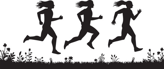 PrintSilhouette, person, running, motion, stride, fitness, exercise, outdoor, grass, flowers, nature, black, white, minimal, movement, athletic, speed, progression, dynamic, energy