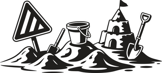 Black and white illustration of a sandcastle building site with tools
