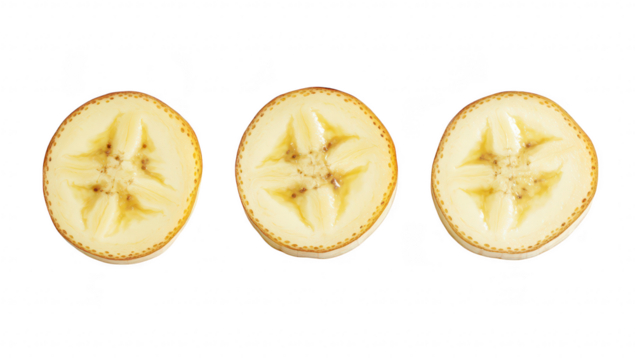 Freshly sliced bananas arranged in a row on a clean white background. their yellow color and unique internal patterns. ideal for food photography or healthy eating concepts
