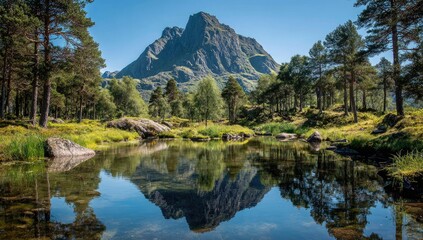 Serene mountain lake scene with a dramatic mountain backdrop, mirroring the vibrant landscape in the still water.