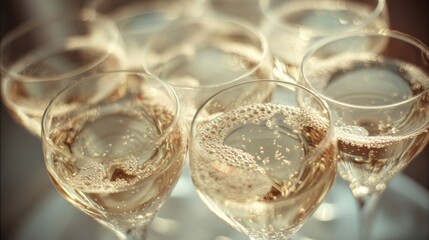 Bubbly Champagne Glasses Set on a Table for a Celebration During a Festive Gathering at Sunset