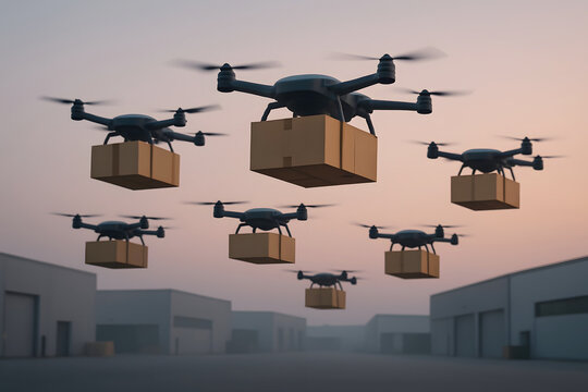 Multiple delivery drones carrying cardboard boxes flying over industrial buildings at dusk