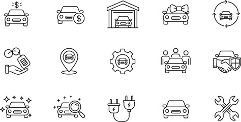 Car dealership and rental icons set, auto sales, leasing, insurance, service, electric vehicle vector illustration