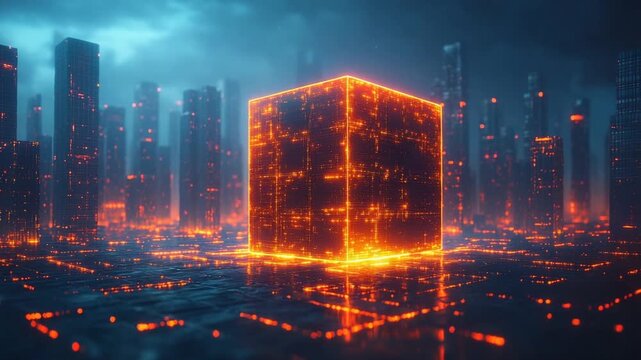 Glowing Orange Data Cube in a Futuristic Cyberpunk Cityscape.