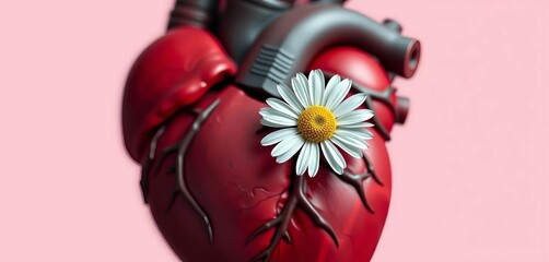 A delicate chamomile flower resting on a stylized anatomical heart,  health,  texture