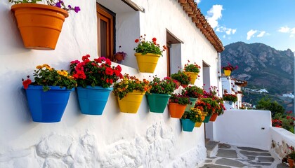 Naklejka premium Colorful flower pots on a white wall