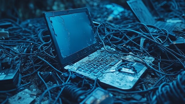 Rusting laptops lie amidst a chaotic web of wires, showcasing a neglected technological graveyard filled with decay